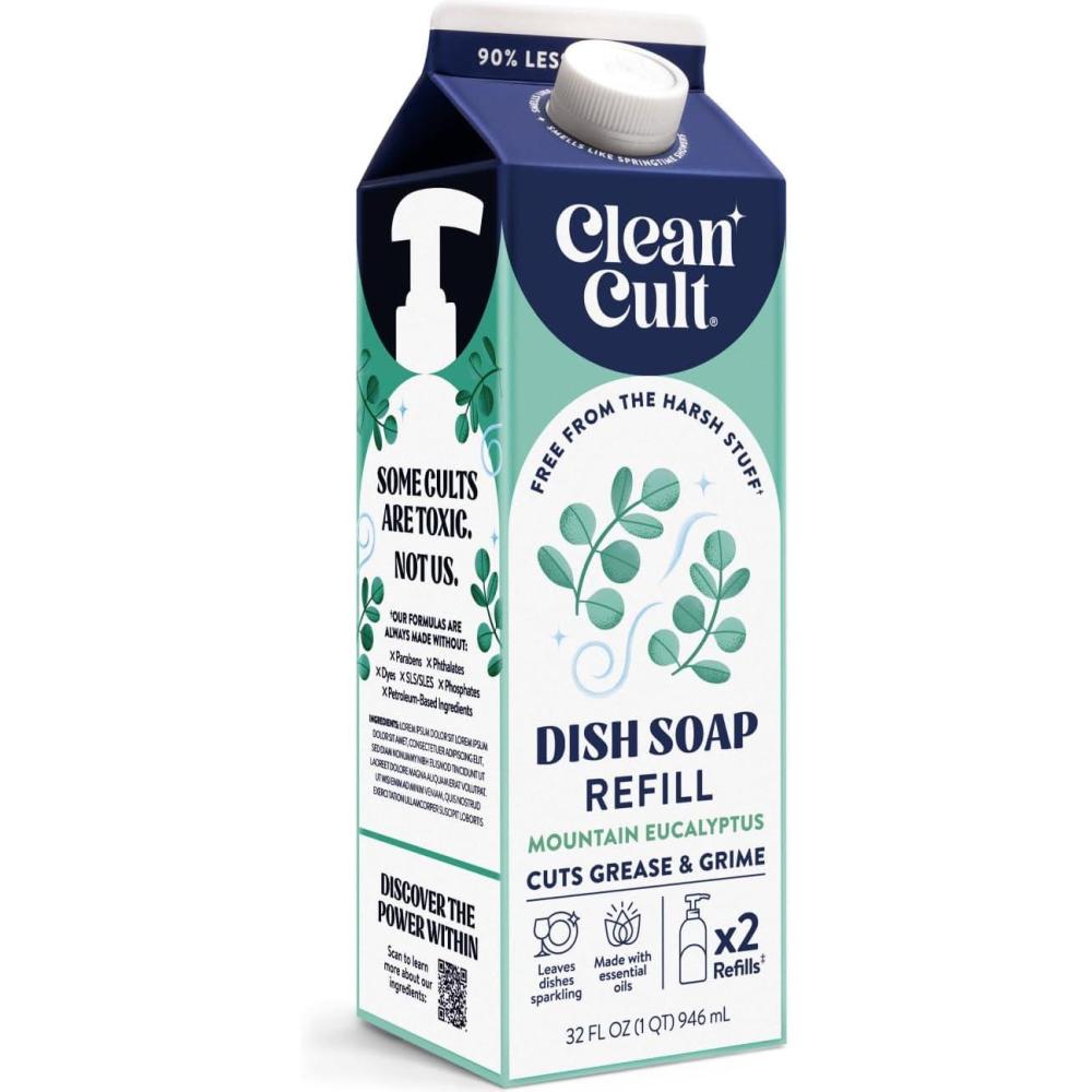image:imageCleancult Dish Soap Liquid Refill 32oz 1 Pack  Plant Based Cleaning Power  Dish Soap that Cuts Grease amp Grime  Free of Harsh Chemicals  Uses 90 Less Plastic  Mandarin PeelMountain Eucalyptus