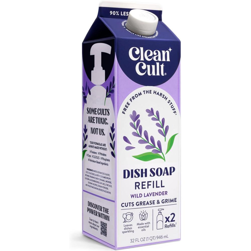 image:imageCleancult Dish Soap Liquid Refill 32oz 1 Pack  Plant Based Cleaning Power  Dish Soap that Cuts Grease amp Grime  Free of Harsh Chemicals  Uses 90 Less Plastic  Mandarin PeelWild Lavender