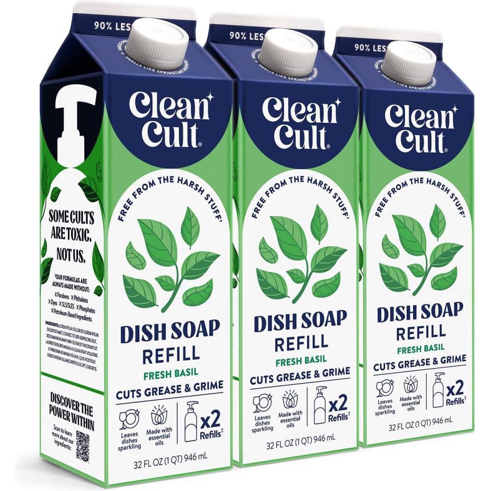 image:imageCleancult Dish Soap Liquid Refill 32oz 1 Pack  Plant Based Cleaning Power  Dish Soap that Cuts Grease amp Grime  Free of Harsh Chemicals  Uses 90 Less Plastic  Mandarin PeelFresh Basil
