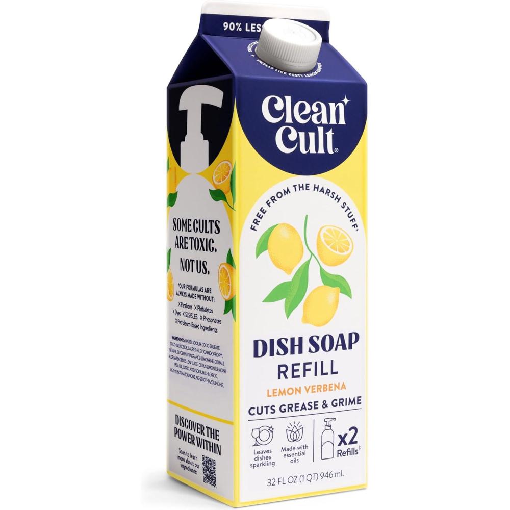 image:imageCleancult Dish Soap Liquid Refill 32oz 1 Pack  Plant Based Cleaning Power  Dish Soap that Cuts Grease amp Grime  Free of Harsh Chemicals  Uses 90 Less Plastic  Mandarin PeelLemon Verbena