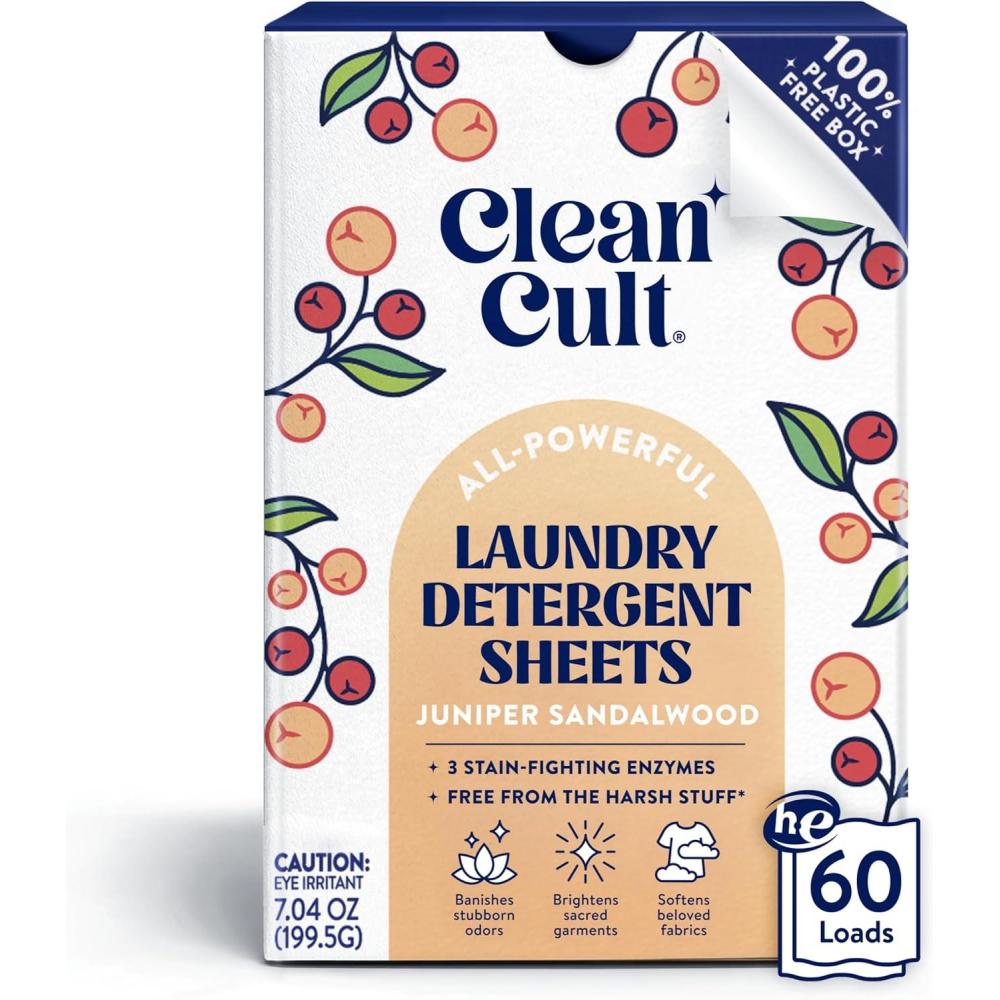 image:imageCleancult Laundry Detergent Sheets  Resealable Box  3 Stain Fighting Enzymes  Juniper Sandalwood  60 Loads  Free of Harsh Chemicals  No Mess  No Plastic WasteJuniper Sandalwood