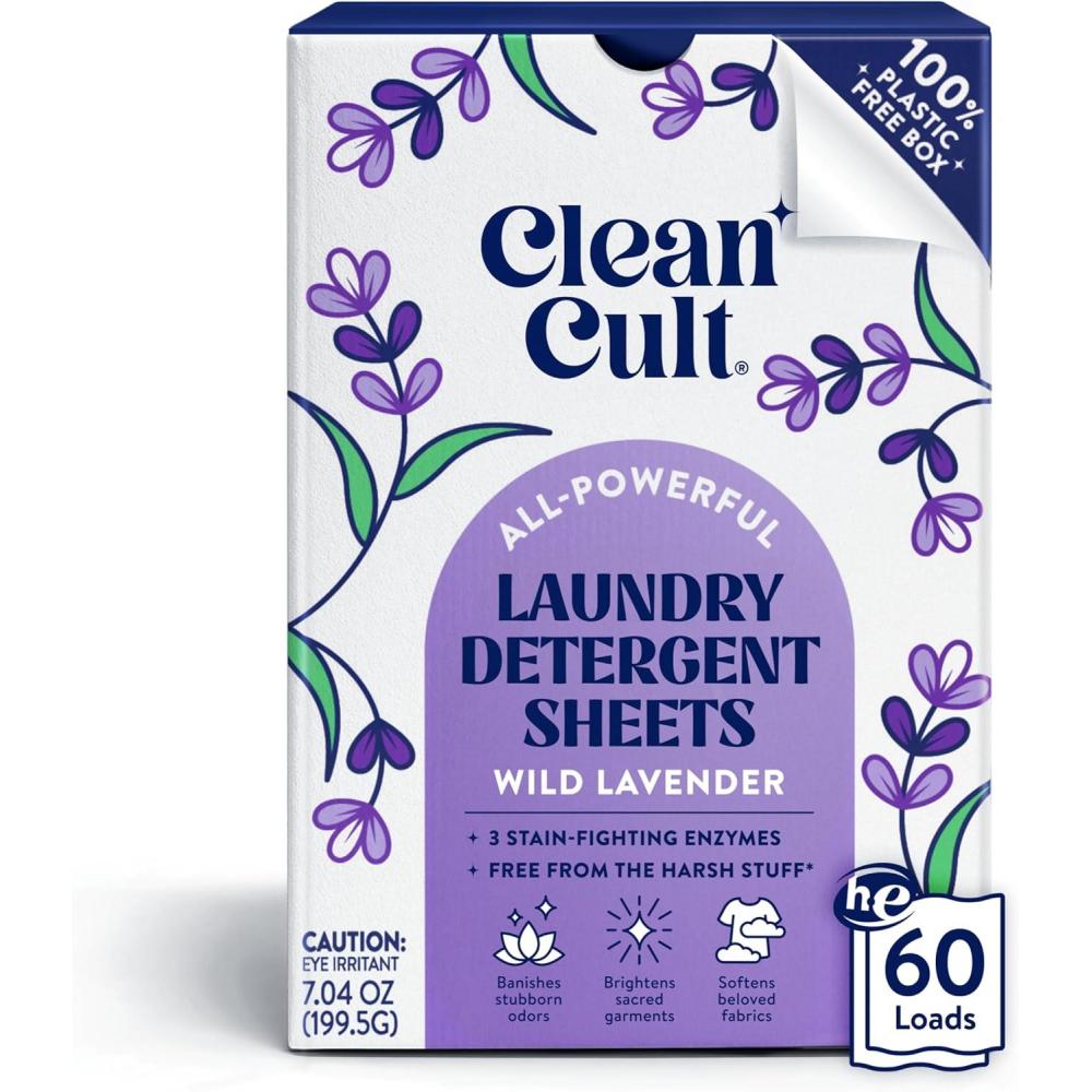 image:imageCleancult Laundry Detergent Sheets  Resealable Box  3 Stain Fighting Enzymes  Juniper Sandalwood  60 Loads  Free of Harsh Chemicals  No Mess  No Plastic WasteWild Lavender