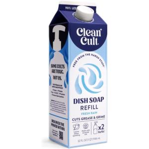 Cleancult Dish Soap Liquid Refill (32oz, 1 Pack) – Plant Based Cleaning Power – Dish Soap that Cuts Grease & Grime – Free of Harsh Chemicals – Uses 90% Less Plastic – Mandarin Peel(Fresh Rain)