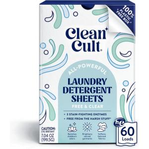 Cleancult Laundry Detergent Sheets – Resealable Box – 3 Stain Fighting Enzymes – Juniper Sandalwood – 60 Loads – Free of Harsh Chemicals – No Mess – No Plastic Waste(Free & Clear)