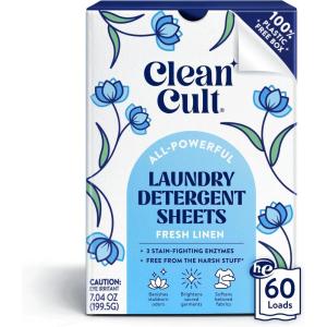 Cleancult Laundry Detergent Sheets – Resealable Box – 3 Stain Fighting Enzymes – Juniper Sandalwood – 60 Loads – Free of Harsh Chemicals – No Mess – No Plastic Waste(Fresh Linen)