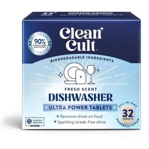 Cleancult Ultra Power Dishwasher Detergent Pods for Sparkling Streak-Free Shine, All-In-One, No Plastic Waste, 32 Count(Lemon Verbena)